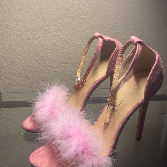 DEleventh Pink Velvet High Heels with Feather Detail - Picture 2 of 6